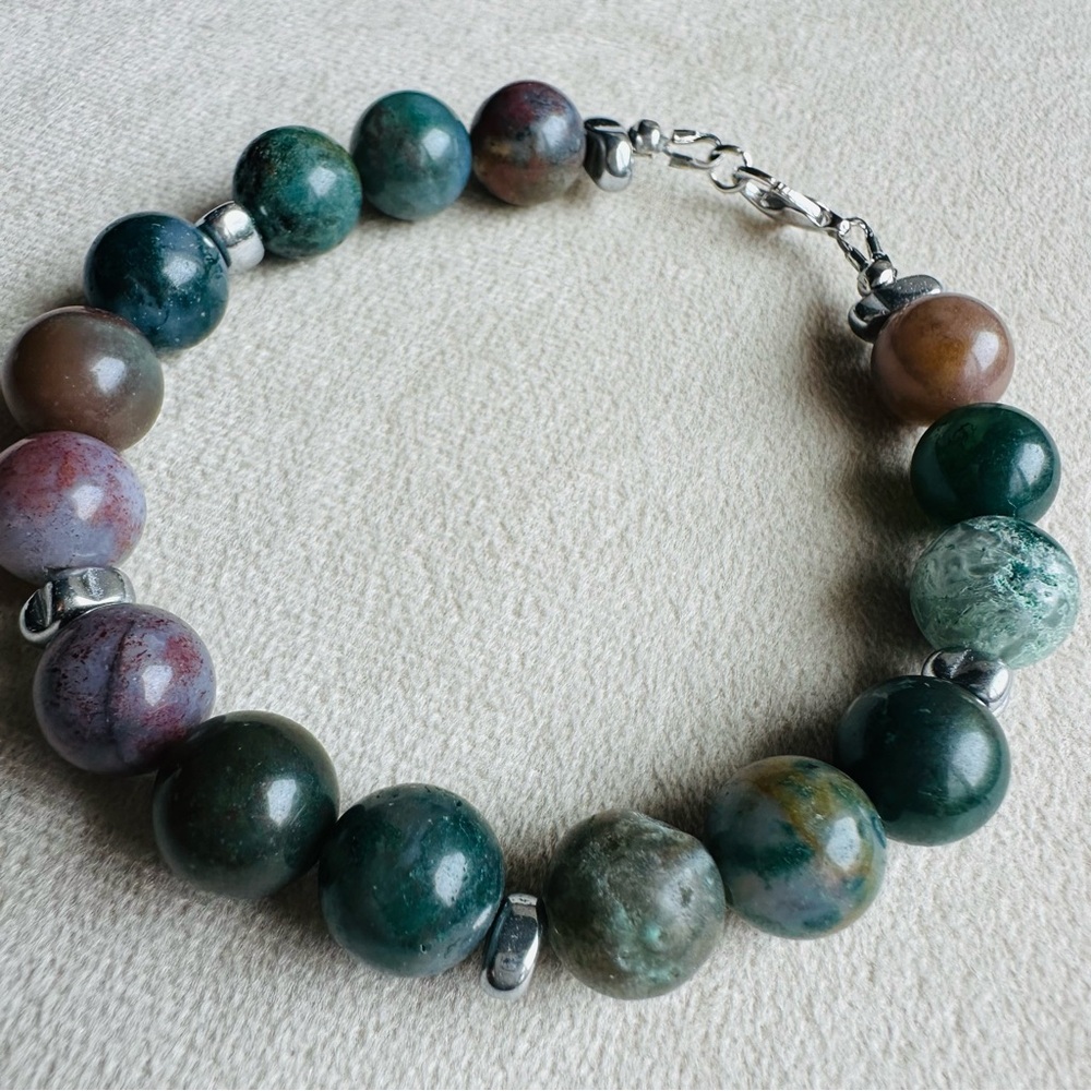 🌈 Fancy Jasper Multicolor Bead Bracelet w/ Hematite Silver Accents, 10mm